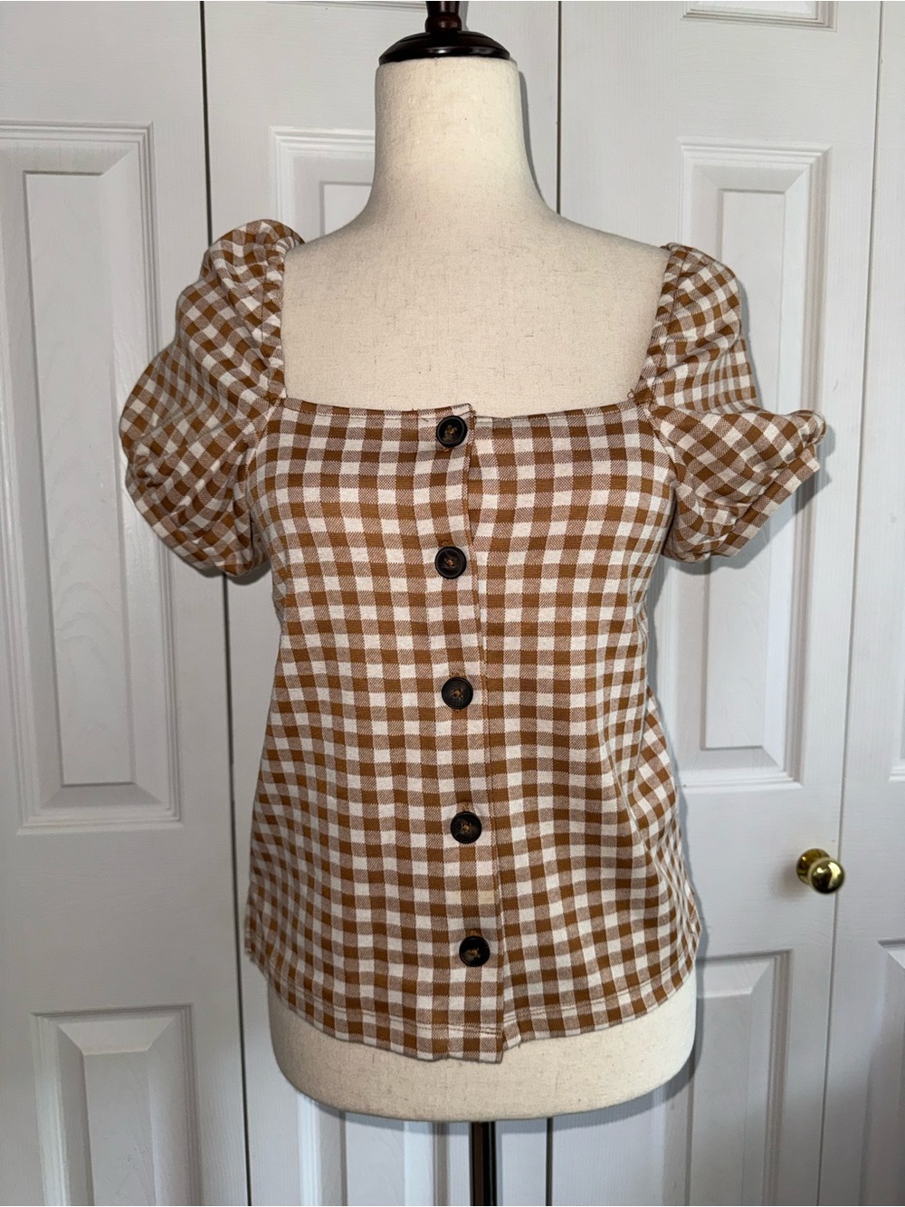 Madewell gingham jacquard square neck puff sleeve top size S